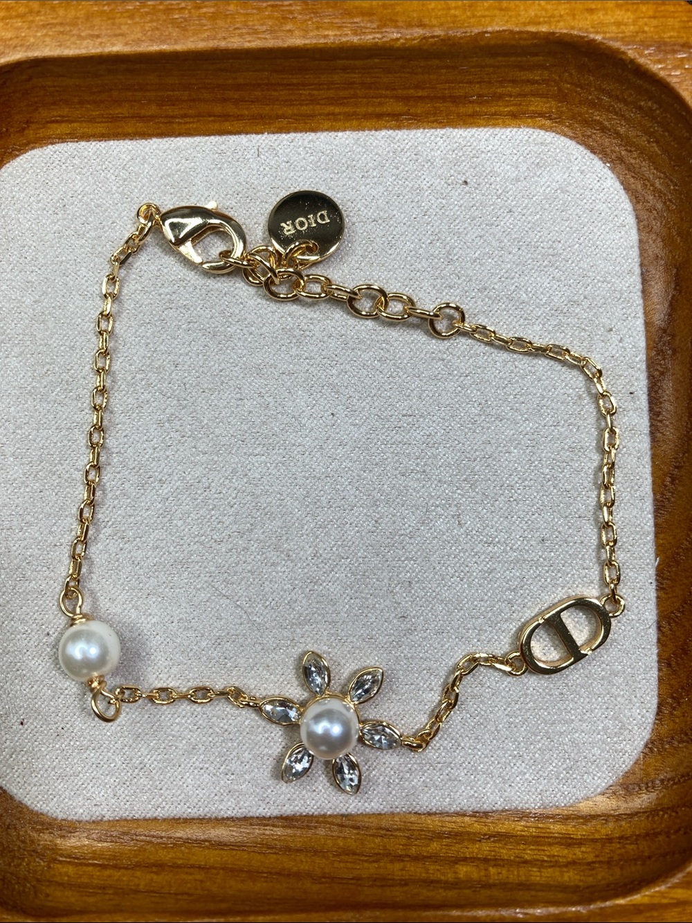 Dior Gold Chain Bracelet with White Pearls and Crystal Flower